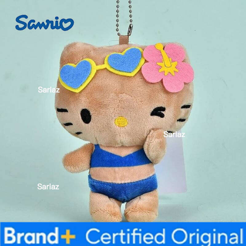 Sanrio Island Vacation Series Cute Black Skin Hello Kitty Doll Keychain DIY Bag Plush Pendant Key Ring Decorative Gift H260121