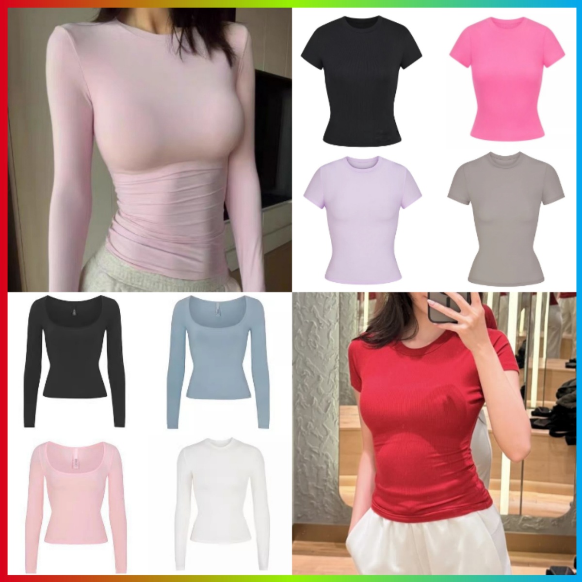 Women Clothes Kim Kardashian Top T-Shirt Short Sleeve Stretch Slim Kylie Same Style Ribbed Cotton Crew Neck Base Shirt
