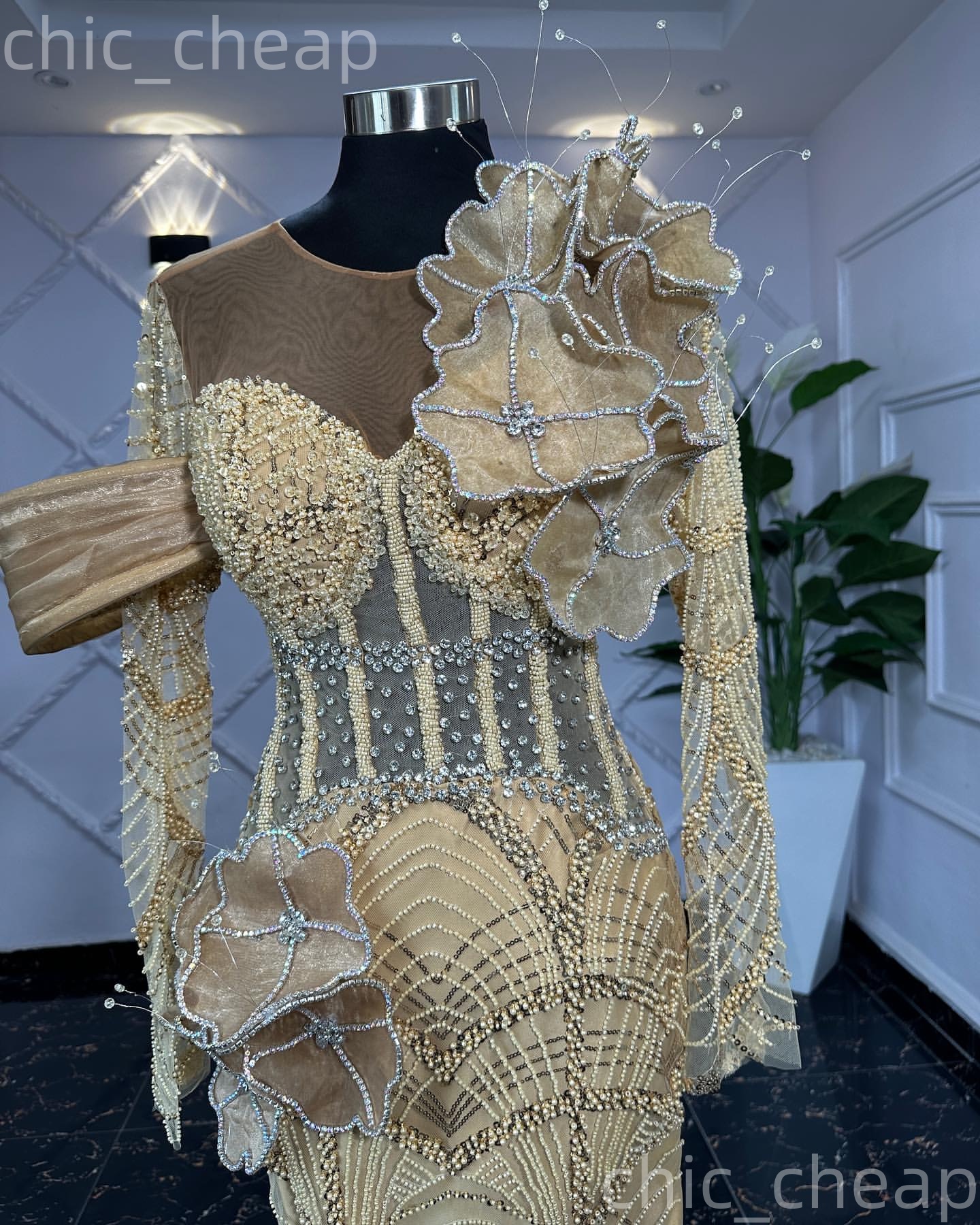 Aso Ebi Champagne Mermaid Prom Dresses 2026 Flowers Beaded Crystals Illusion Evening Formal Party Second Birthday Engagement Gowns Dress For Special O