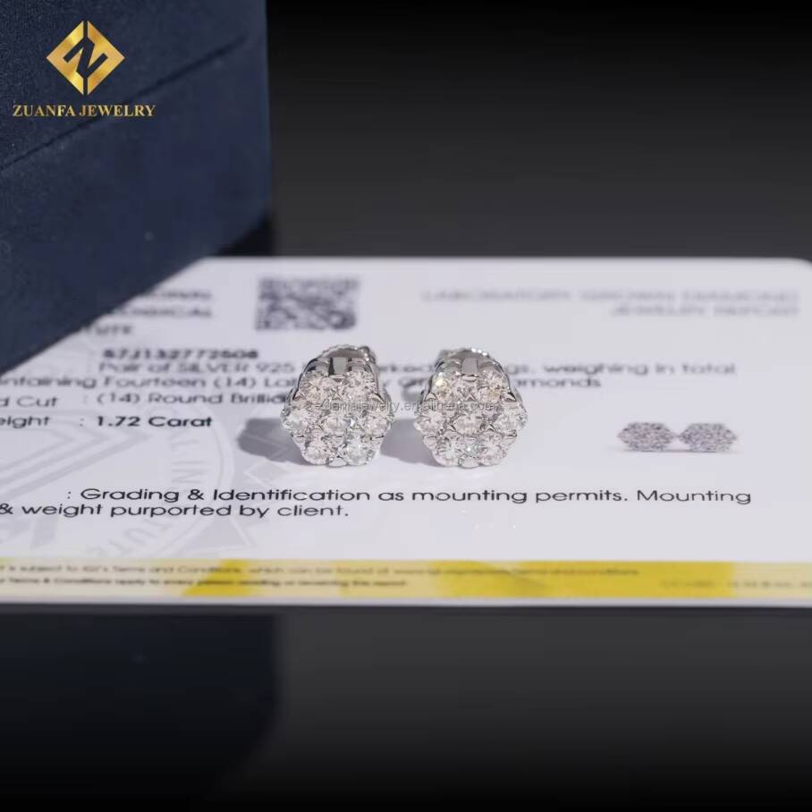 IGI Certificate 95mm Iced Out 925 Sterling Silver Lab Grown Diamond HPHT Honey Comb Setting Round Stud Earrings Screw Back Man