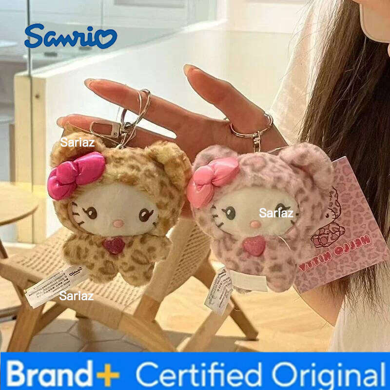 Sanrio HOT 2025 Kawaii Cat Keychain, Cute Plush Doll Bag Charm with Bow, Leopard Print Zipper Pull Gift for Girls birthday gifts H260121