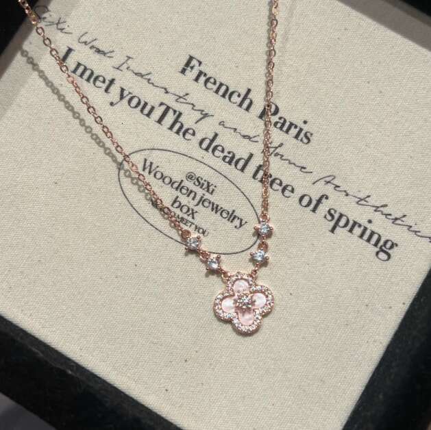 Rose Gold Tone Clover - Shaped Necklace With Pink Shell Diamond Accents Elegant Party Gift For Her High Quality And Romantic Jewelry
