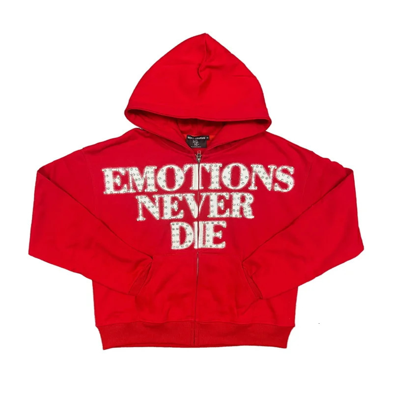 Mens Clothing MIXED EMOTION Hoodie Autumn Winter High Quality Letter Print Diamond Cardigan Red Hooded Sweatshirt Tops 260120