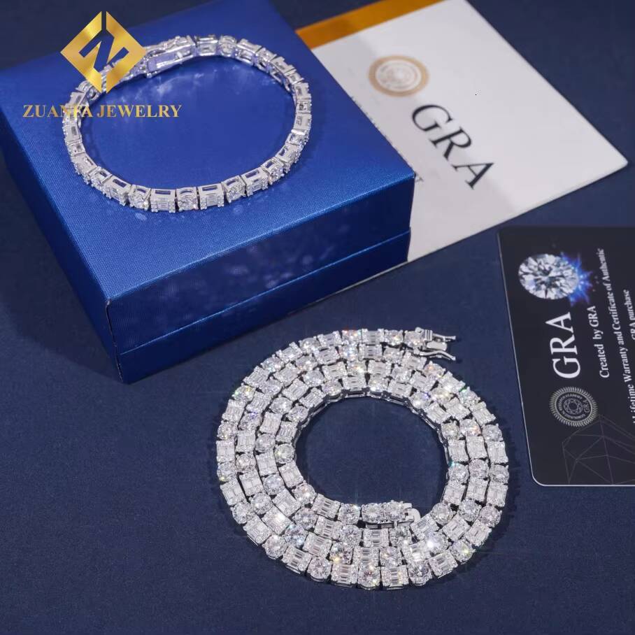 Iced Out Baguette Diamond 925 Silver Tennis Chain Moissanite Men Women Choker Necklace Trendy Moissanite Tennis Chain Necklace