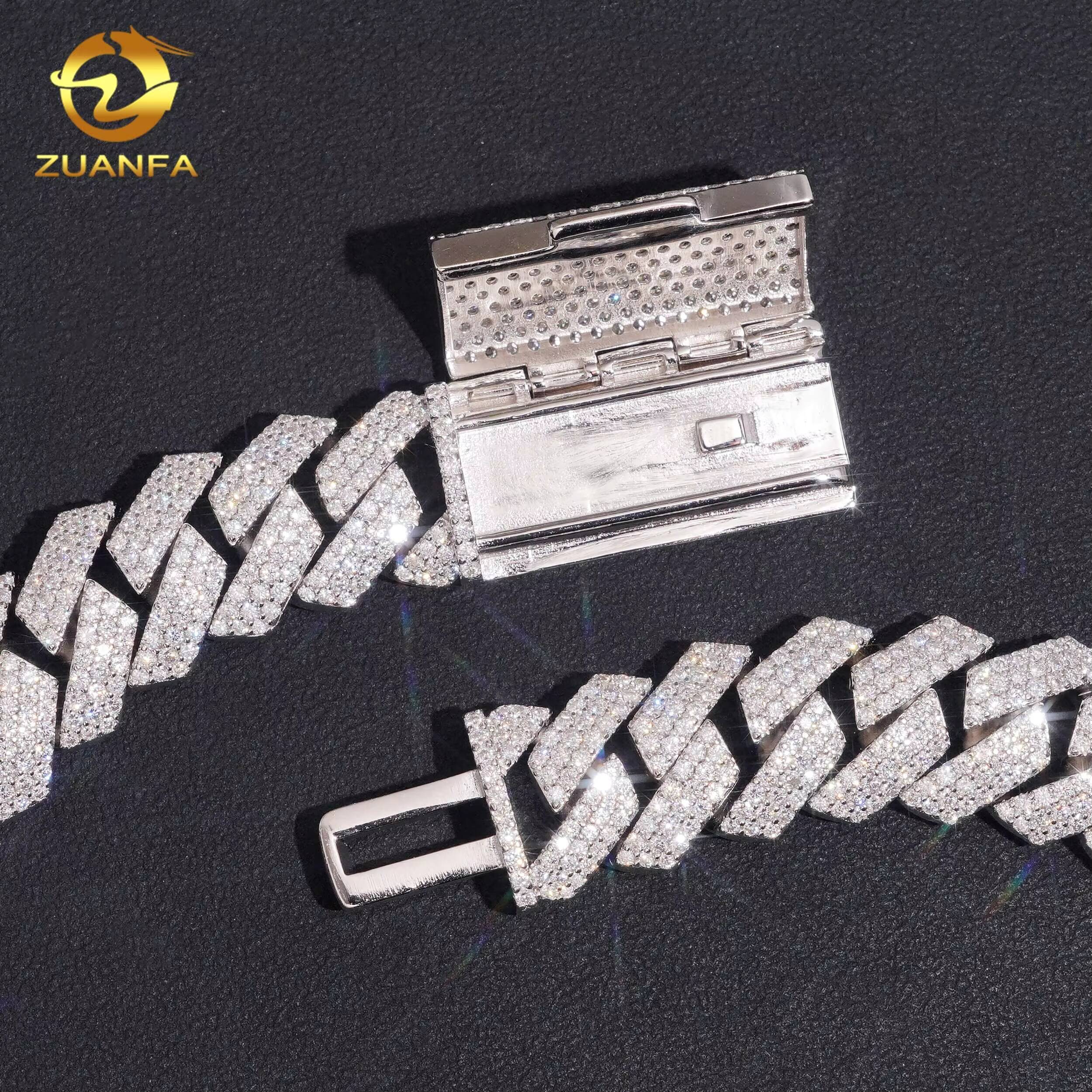 Zuanfa Jewelry 3 Row 15mm Moissanite Chain Cuban Links Fine Workmanship 925 Big Cuban Link Chain Moissanite Iced Out Necklace