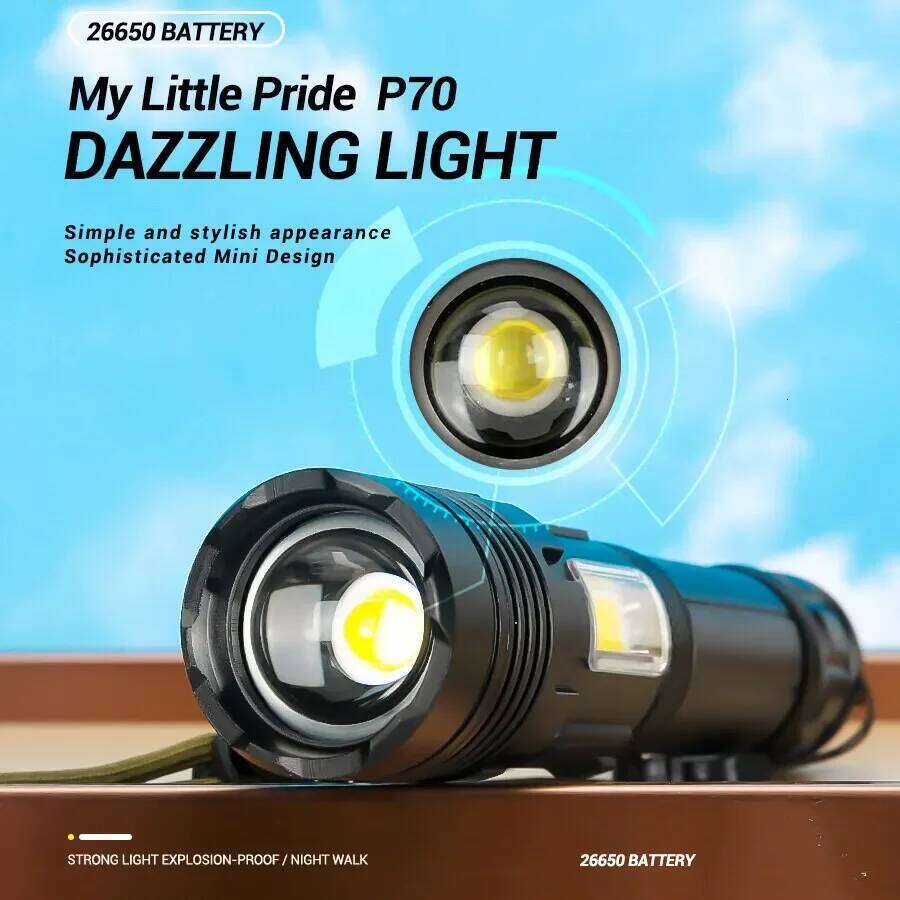 Powerful XHP70 LED Flashlight Zoom Tactical Flashlights with COB Side Lamp Type-C Rechargeable Camping Hunting Hiking Lantern Z260121
