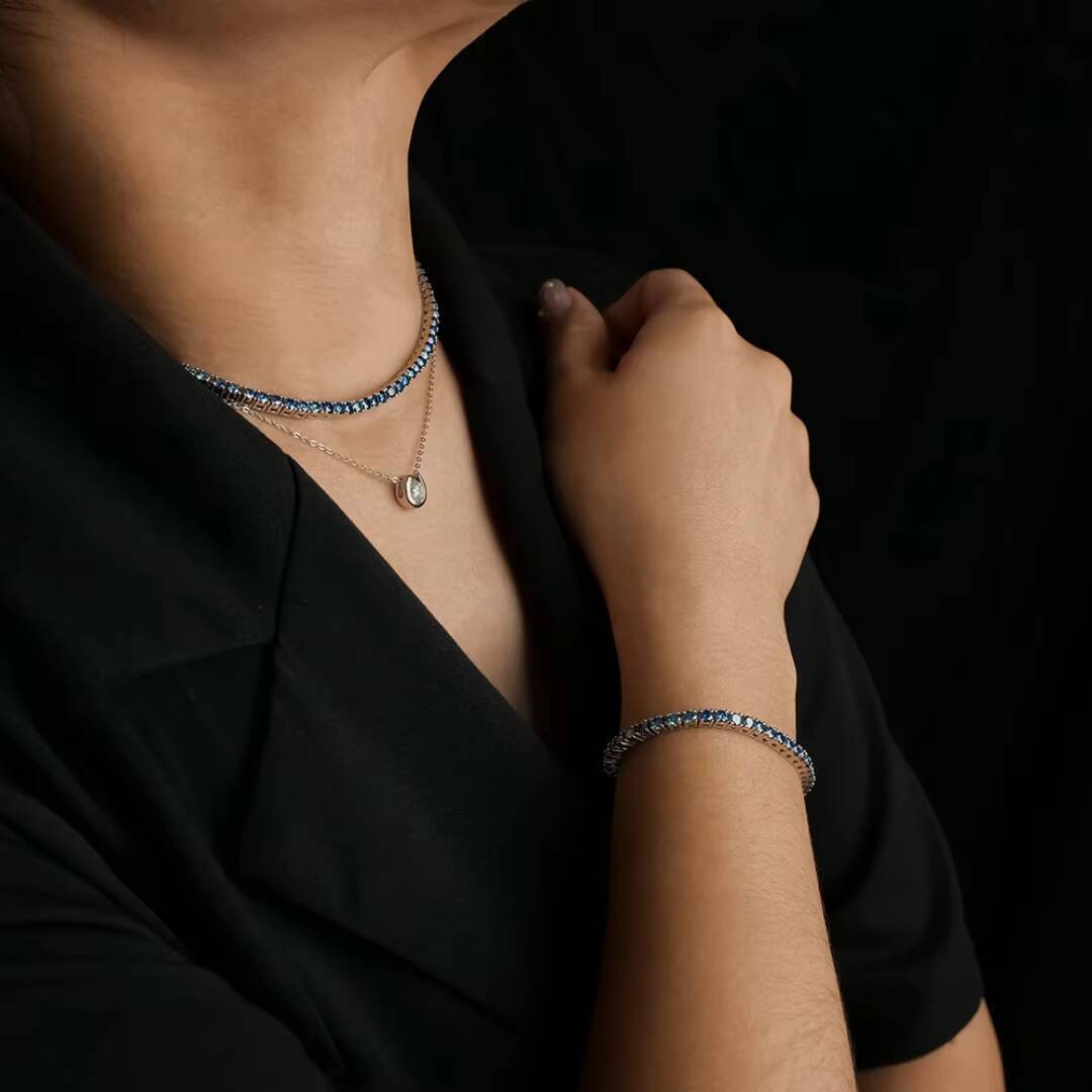3-6mm 5mm White Gold Plated S925 Sterling Silver Royal Blue Gra Vvs Lab Grown Diamond Mossanite Moissanite Tennis Chain Necklace