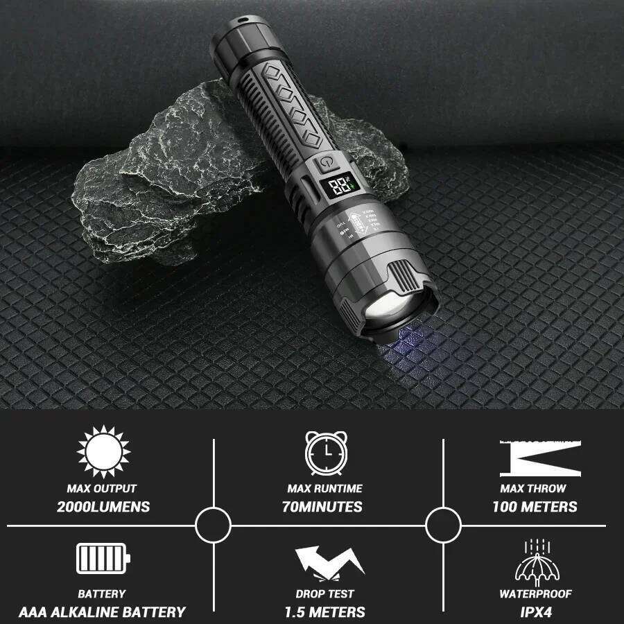 High Power 2000LM LED Flashlight Built-in Battery USB Rechargeable Strong Light Tactical Torch Outdoor Camping Hiking Lantern Z260121