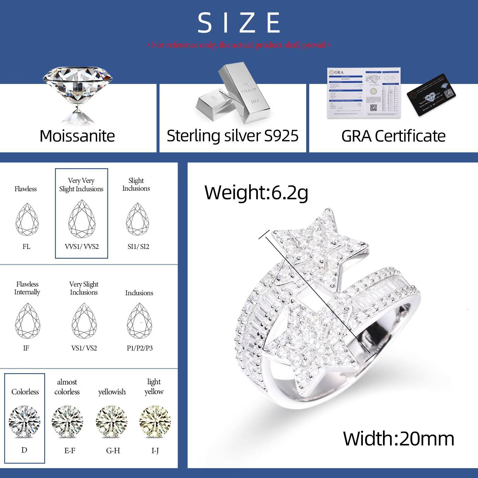 Pass Diamond Tester Baguette Moissanite Star Ring 925 Sterling Silver VVS Mossanite Diamond Engagement Jewelry Gift Hip Hop Mens