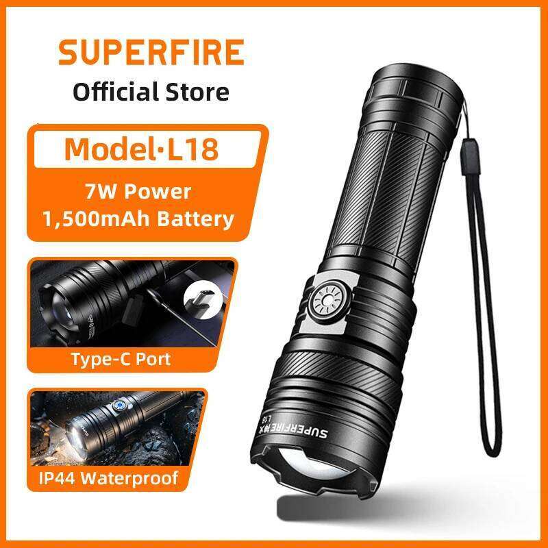 SUPERFIRE L18 7W LED Zoomable Flashlight 310M Lighting Distance USB-C Rechargeable 1500mAh Torch for Camping Fishing Lantern Z260121