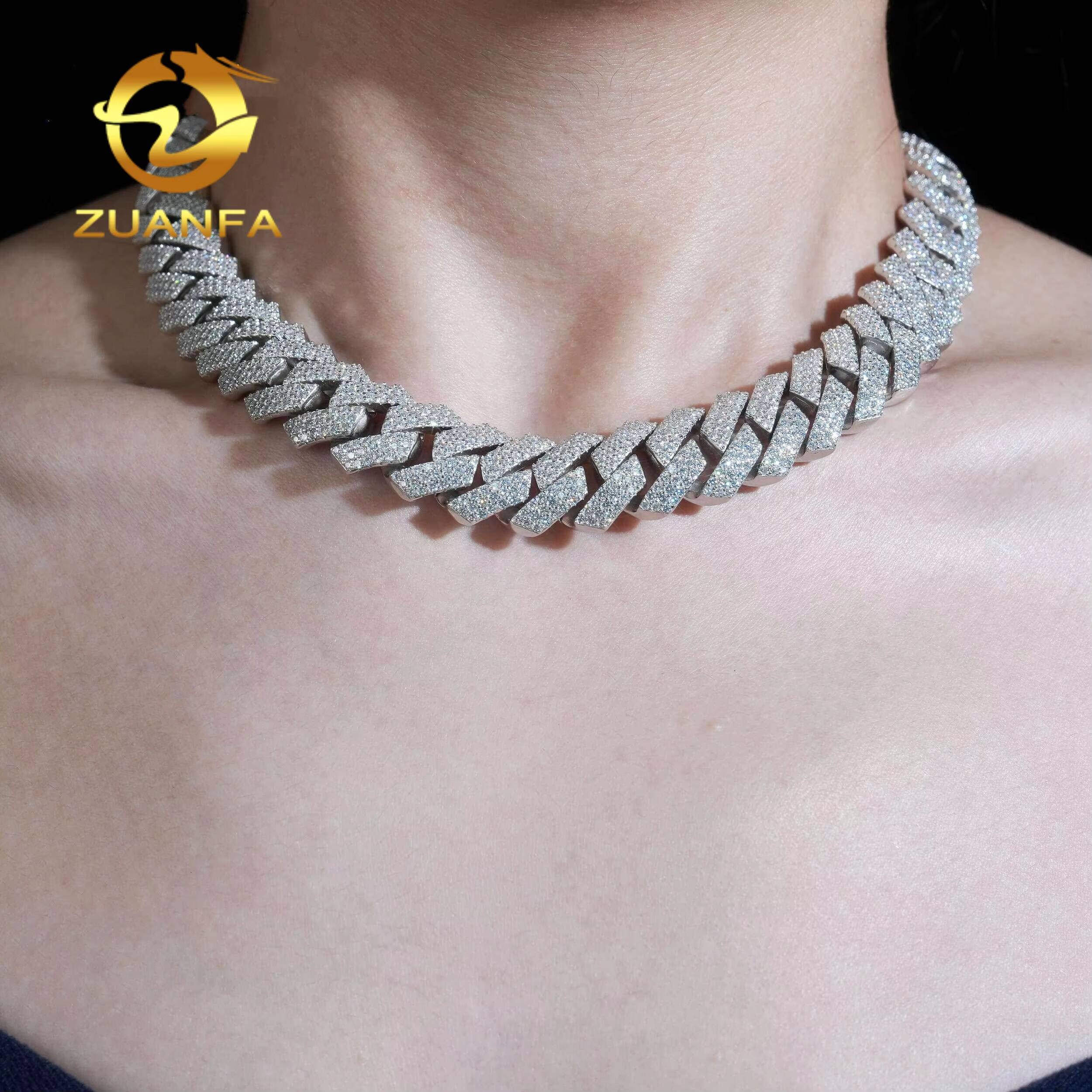 Zuanfa Jewelry 3 Row 15mm Moissanite Chain Cuban Links Fine Workmanship 925 Big Cuban Link Chain Moissanite Iced Out Necklace