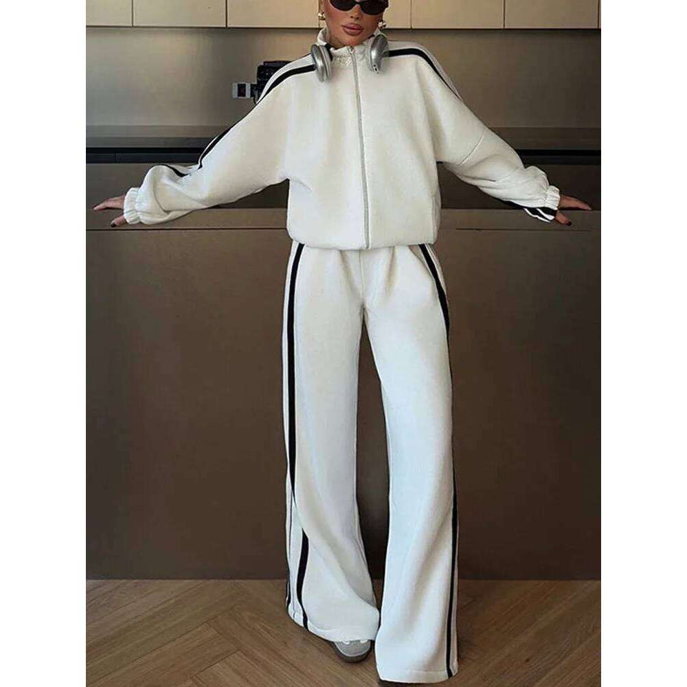 Contrast High Waist Wide Leg Pants Set Women Casual Long Sleeve Stand Collar Zipper Sweatshirt Suit New Spring Autumn Wear Mdng260121 - view 5