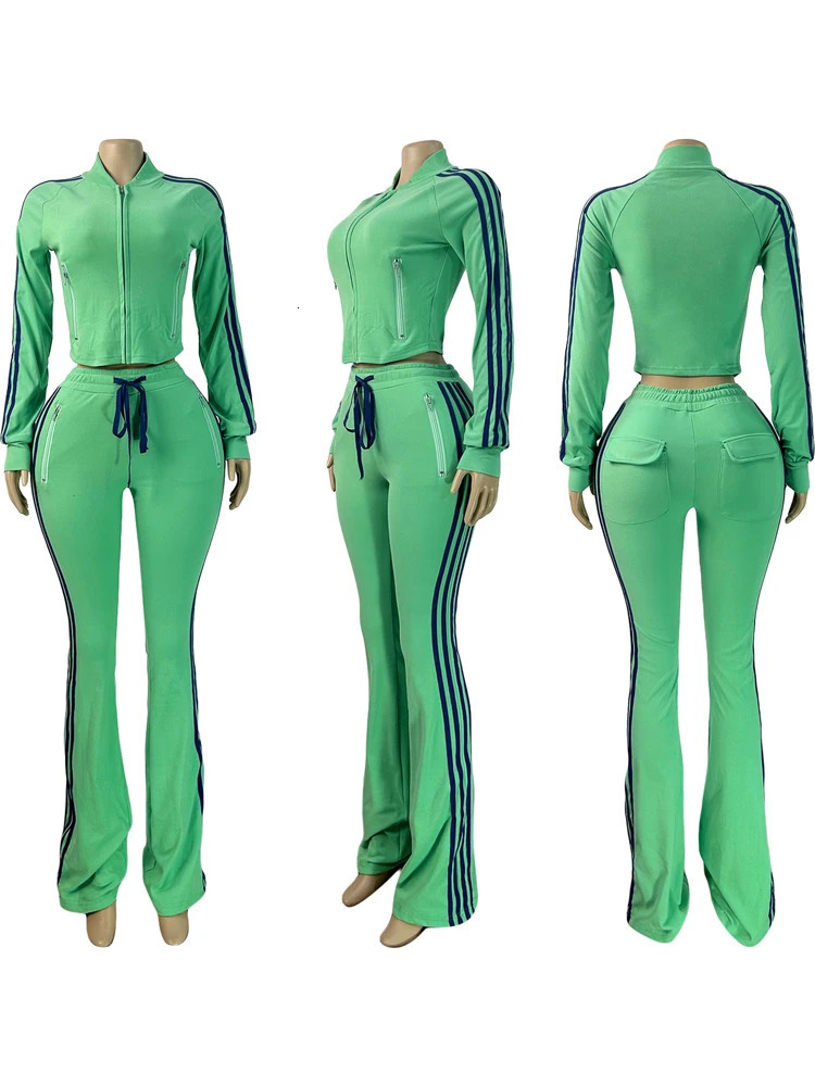 Fall Women Clothing Set Tracksuit Women Velvet Casual Tracksuit Striped Long Sleeve Zipper Crop Top and Flare Pants 260121