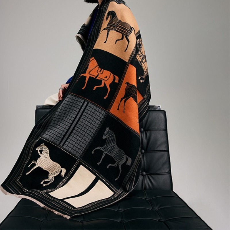 Blanket Scarf Women Luxury Horse Print Cashmere Like Warm Shawl Wrap 185x70cm 320g Multifunctional for Winter Daily
