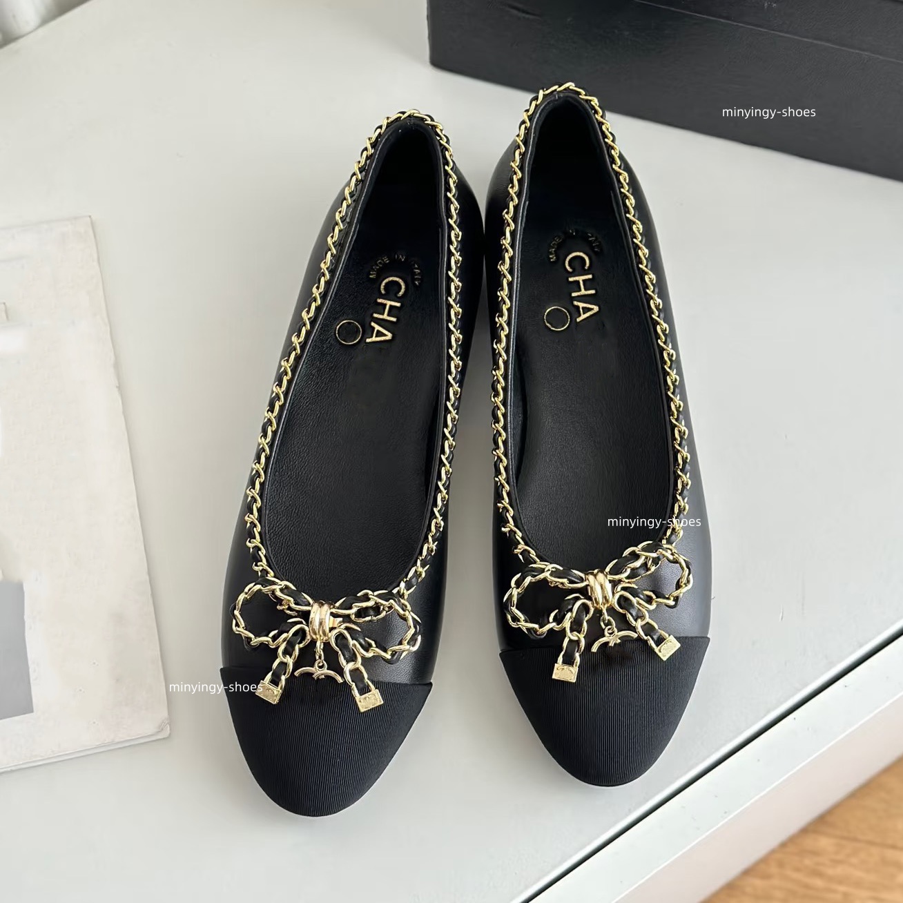French brand designer luxury 2026 AAA women's black chain bow ballet flats luxurious ballet shoes Mary Jane chain ballet shoes size 35-41 C