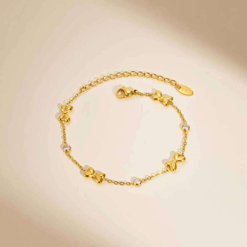 Exquisite Zircon Bowknot Stainless Steel Bracelet 18K Gold Plated Wrist Chain Fashion Party Waterproof Jewelry for Women Girl 26H0121