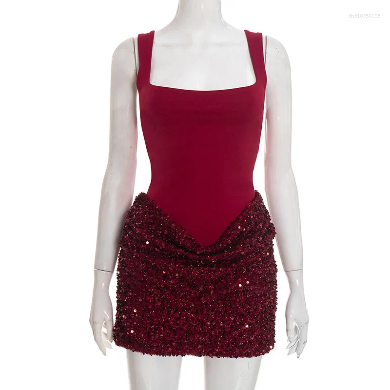 Casual Dresses Sexy Sequin Party Pleated Slim Bodycon Dress Women Spaghetti Strap Mini 2026 Summer Evening Nightclub
