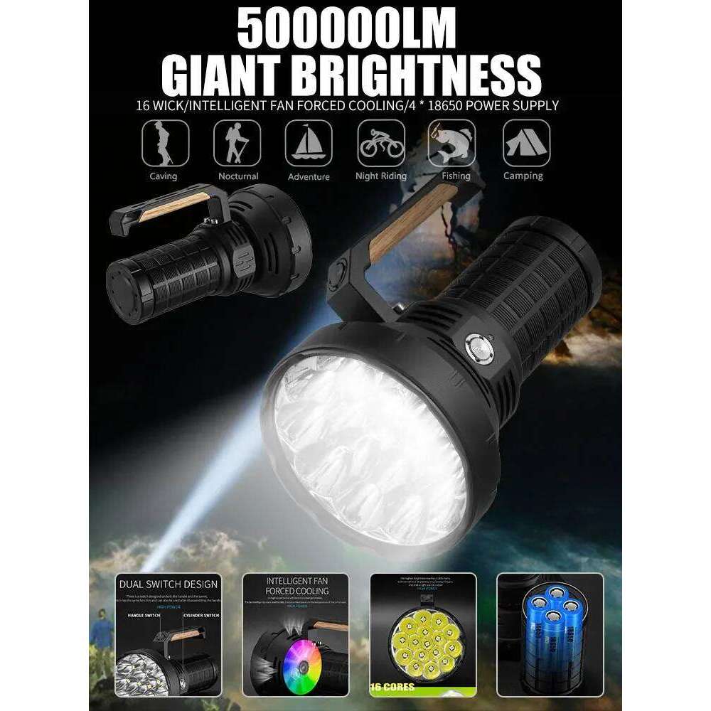 16xP50 Wick Ultra Strong Handheld Light Flashlight - Intelligent Fan Forced Heat Dissipation-4x18650 Power Supply Z260121