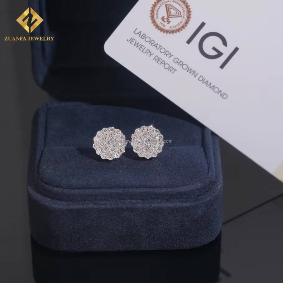 Fashion Stylish Popular Iced Out 925 Sterling Silver Lab Grown HPHT Diamond Round Flower Stud Earrings Screw Back Setting