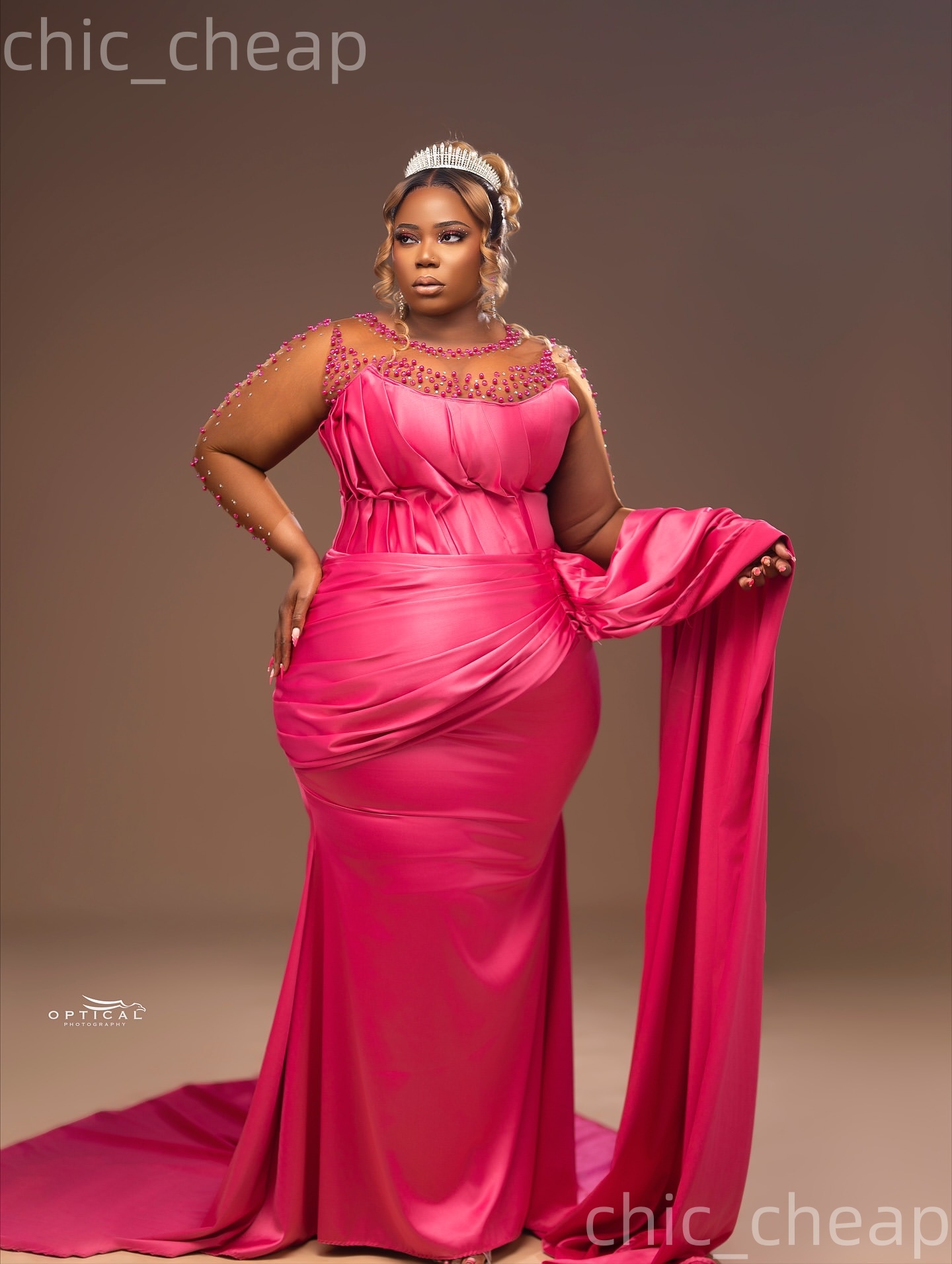 Fuchsia Mermaid Plus Size Prom Dresses 2025 Sheer Neck Pearls Crystals Satin Evening Formal Party Second Birthday Engagement Gowns Dress For Special O