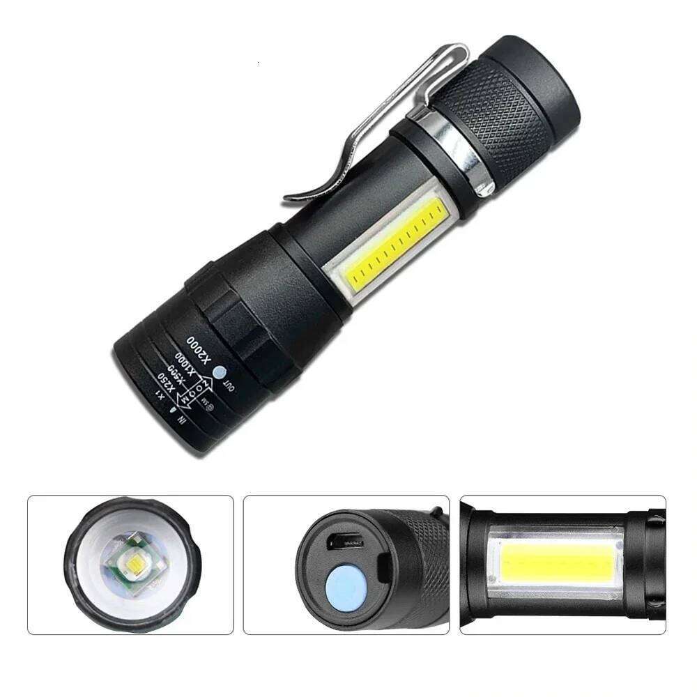 USB Rechargeable Mini Flashlight COB+XPE Portable Built-in Battery Zoomable Small Torch 3 Mode Camping Emergency Flashlights Z260121