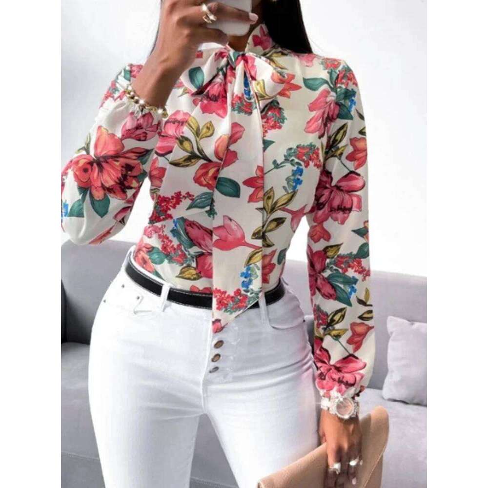 Work Clothes Floral Print Bow Tie Shirt Fashion Office Dress up Women's Business Casual Clothing
