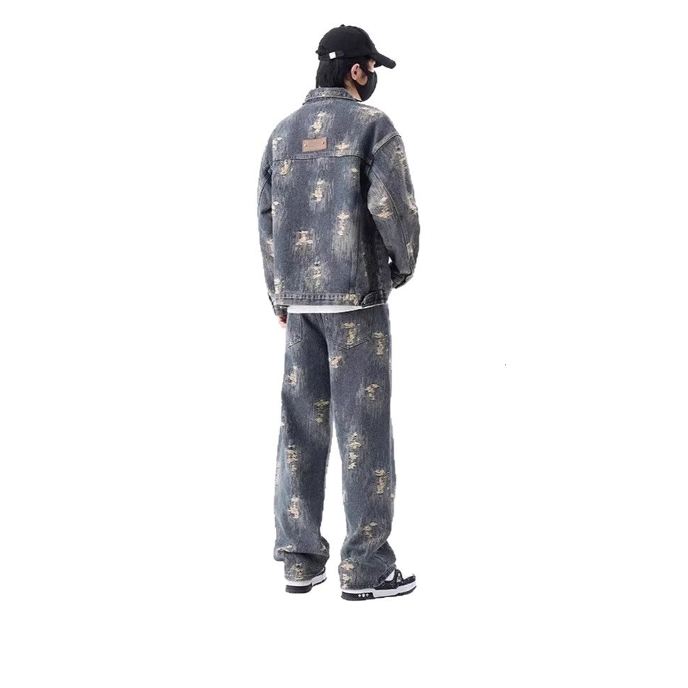 Autumn Winter New Jacquard Denim Jacket Set for Men American Style Trendy Brand Handsome High-end Loose Casual Long Pants 240428
