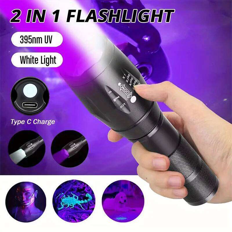 2 In 1 Ultraviolet Flashlight Purple White Dual Light Zoomable Torch Built in Battery Recharge Scorpion Hunting UV Flashlights Z260121