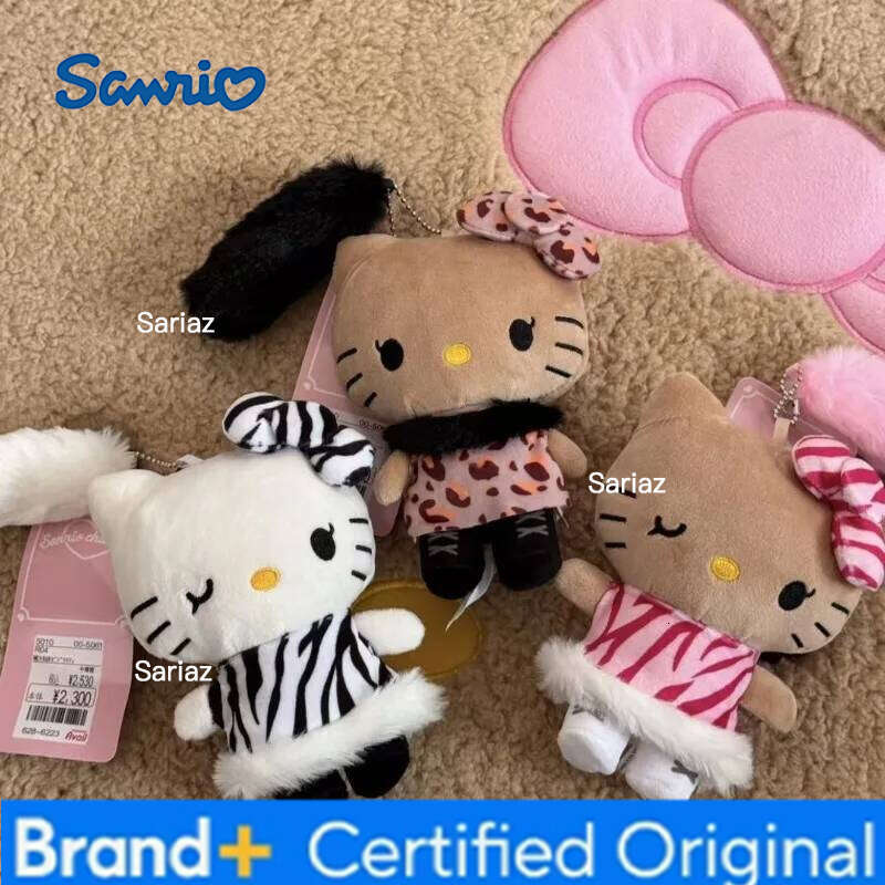 Sanrio Black furred Leopard Zebra Print Girly Hello Hot Girl Tail Plush Toy Pendant kawaii Y2K gal Kitty cat doll bag charm H260121