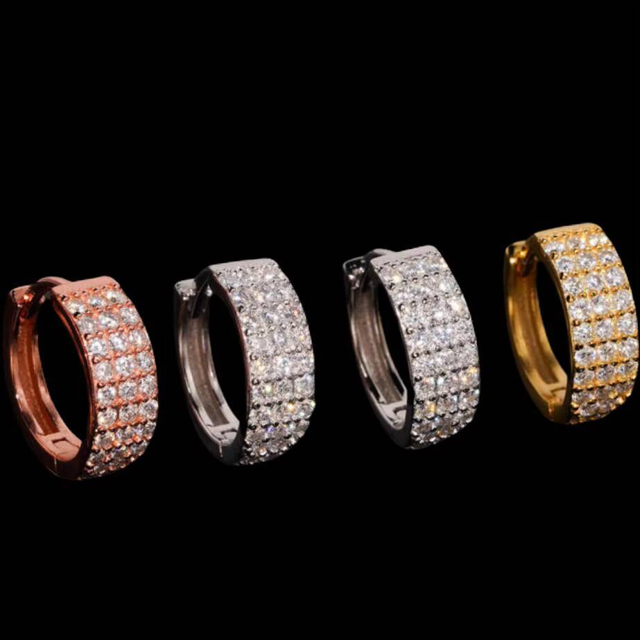 Fine Jewelry Gold Plated 925 Sterling Silver VVS Diamond D Color Moissanite Iced Out 3 Rows Hoop Earrings for Men Women Party