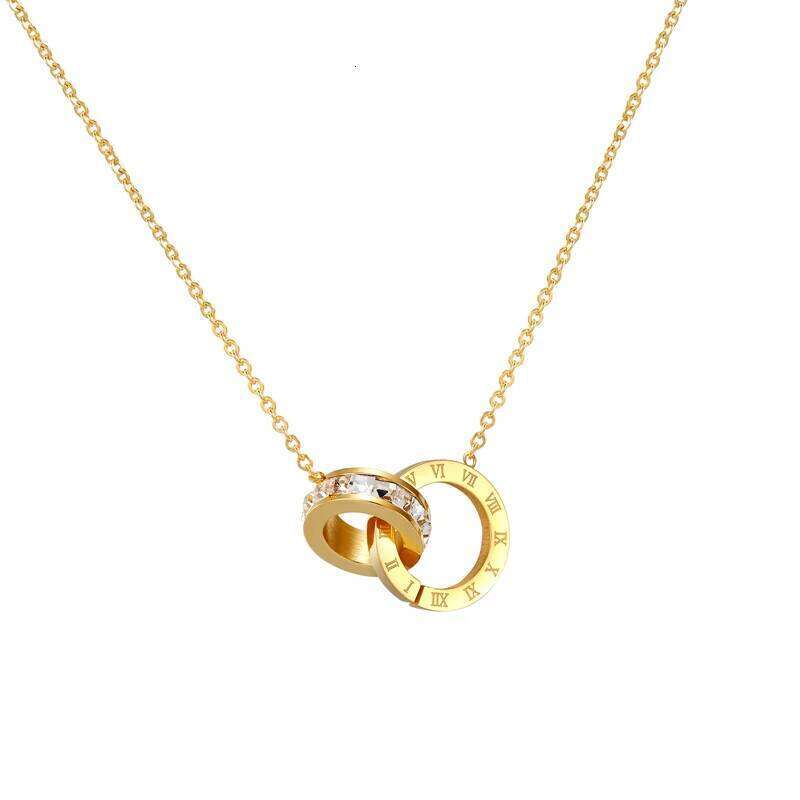New A Circle Crystal Roman Numerals Double Buckle Pendant Woman Female Titanium Steel Gold Color Clavicle Necklace Jewelry