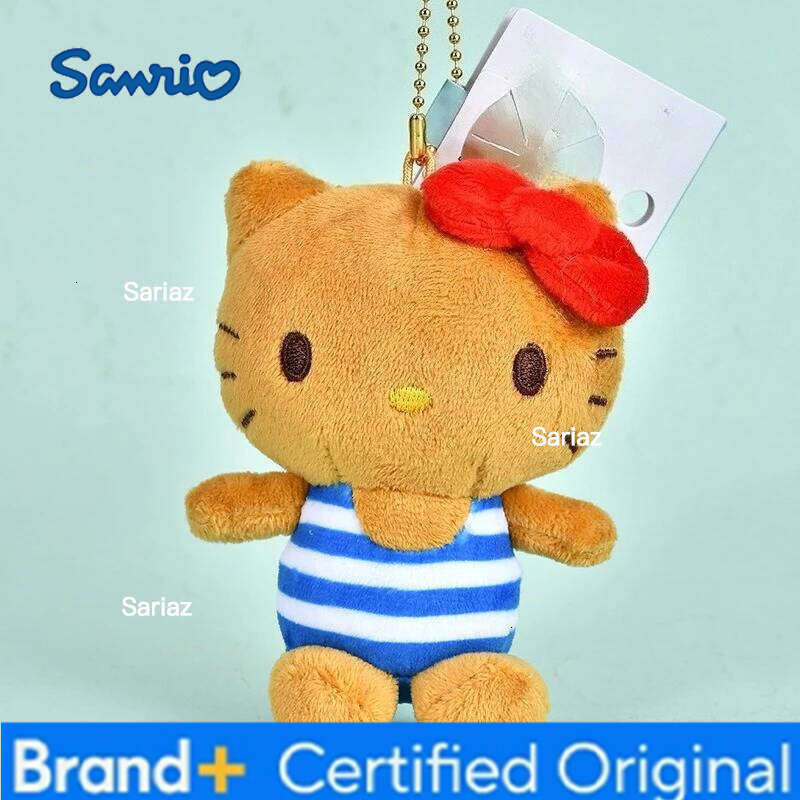 Sanrio Island Vacation Series Cute Black Skin Hello Kitty Doll Keychain DIY Bag Plush Pendant Key Ring Decorative Gift H260121