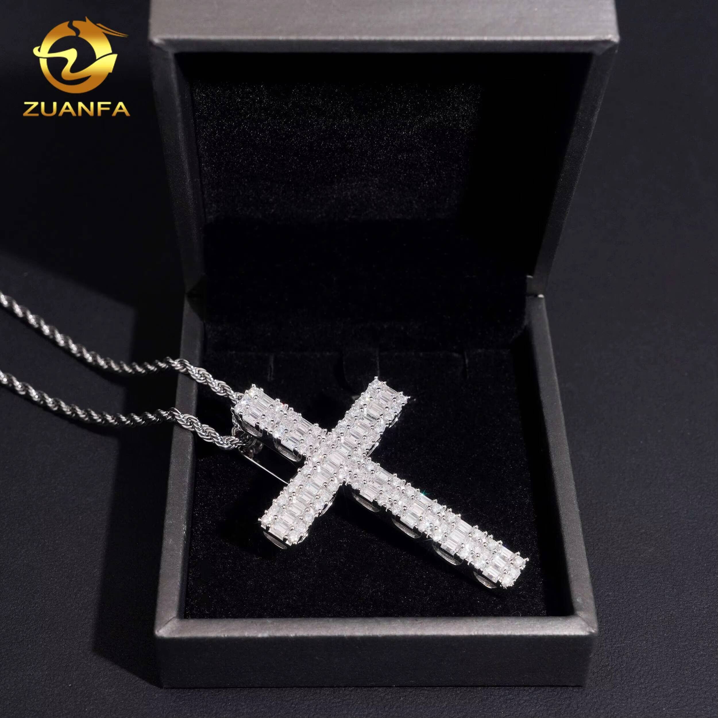 Pass Diamond Tester Fine Hip Hop Moissanite Jewelry Pendant 925 Silver Baguette Diamond Iced Out VVS Moissanite Cross Pendant