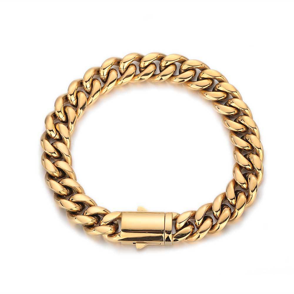 Hip Hop High Quality Cuban Chain Bracelet Jewelry 18K Gold Plated Solid Stainless Steel Spring Clasp No Fade Jewelry