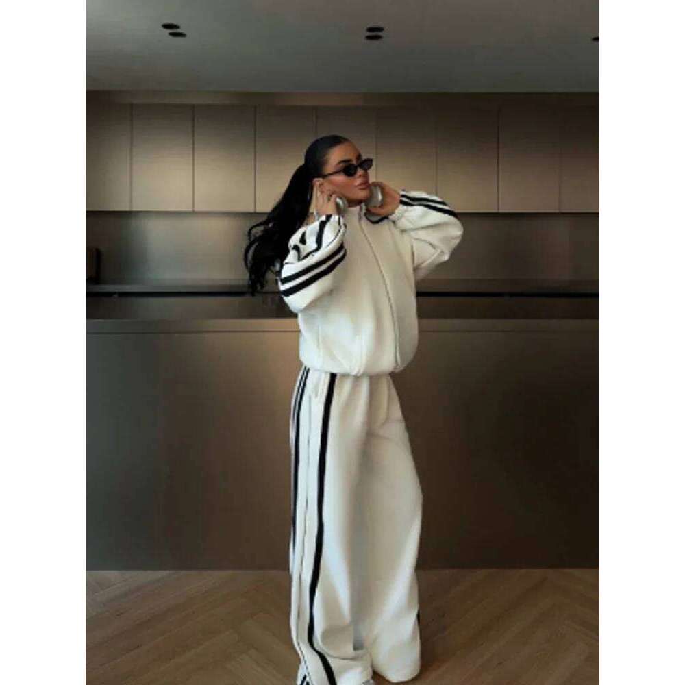 Contrast High Waist Wide Leg Pants Set Women Casual Long Sleeve Stand Collar Zipper Sweatshirt Suit New Spring Autumn Wear Mdng260121 - view 3