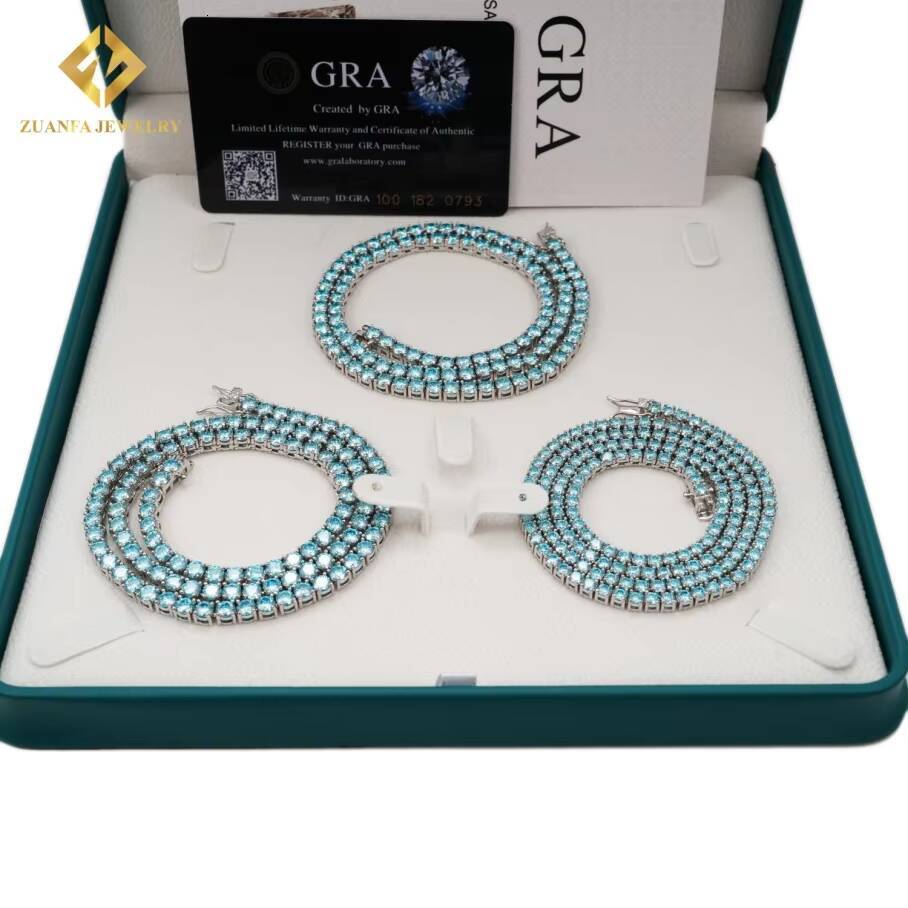Hip Hop Jewelry New Colored Iced Out Vvs Moissanite 3mm 4mm Tennis Chain Blue Diamonds 925 Sterling Silver