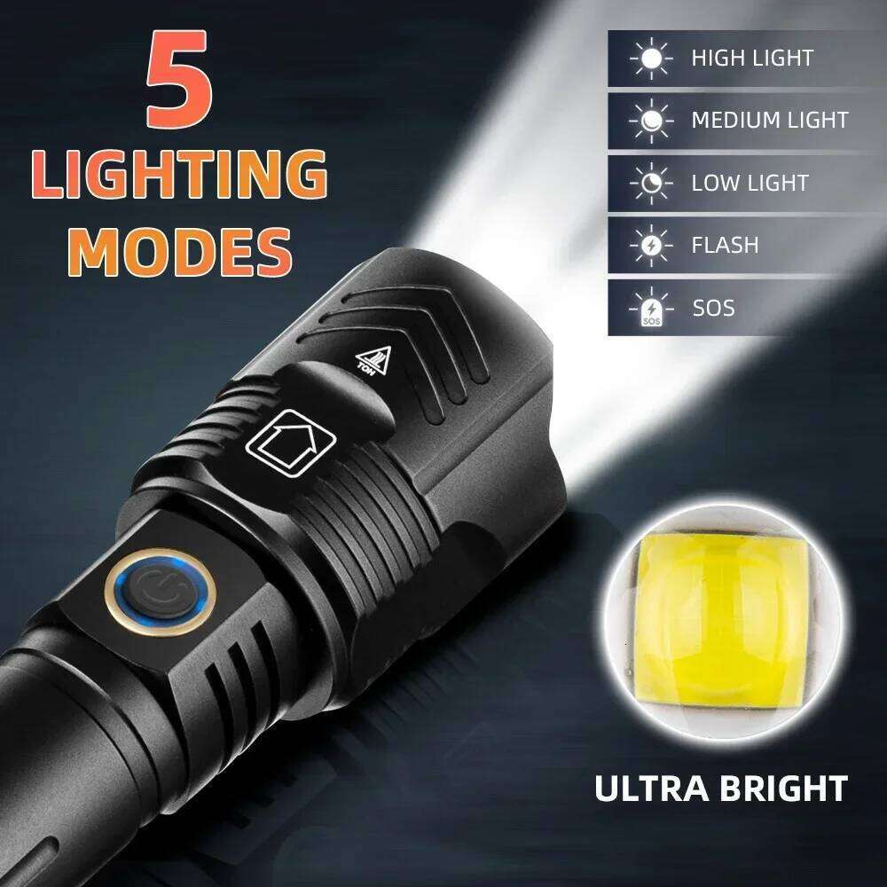XHP199 Most Powerful Flashlight 20000LM Type-C Rechargeable High Power LED Flashlights Zoom Torch 26650 Outdoor Portable Lamp Z260121