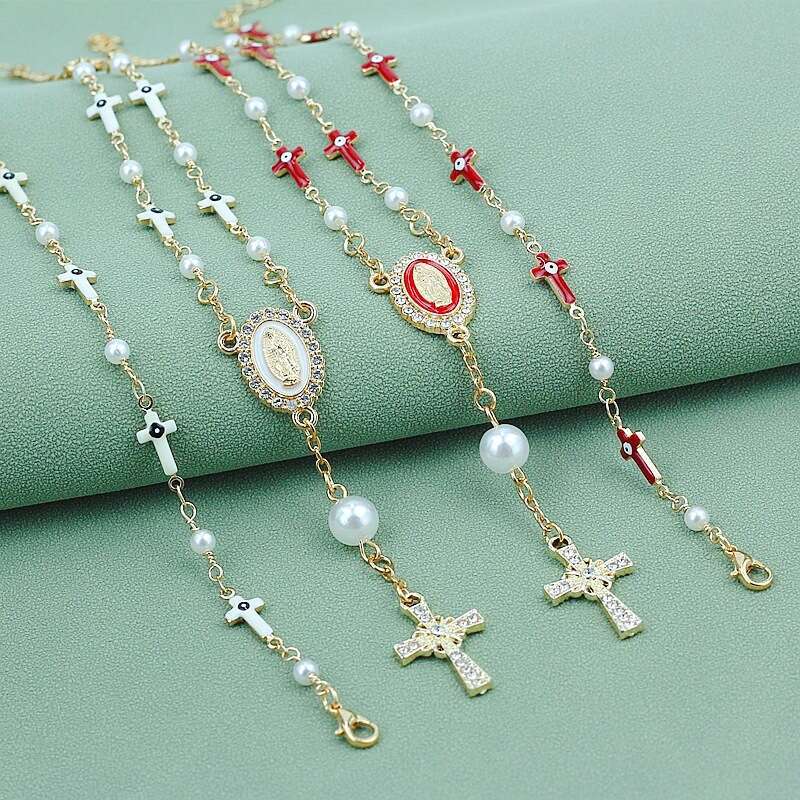 Women's Gold Plated Cross Bracelet Virgin Mary Medal Pearl Beaded Religious Jewelry Slave Bracelets Link