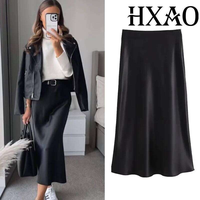 HXAO 2025 For Women Black Satin Summer Elegant Women's Midi High Waist Smooth Skirts Green Flare Skirt 088