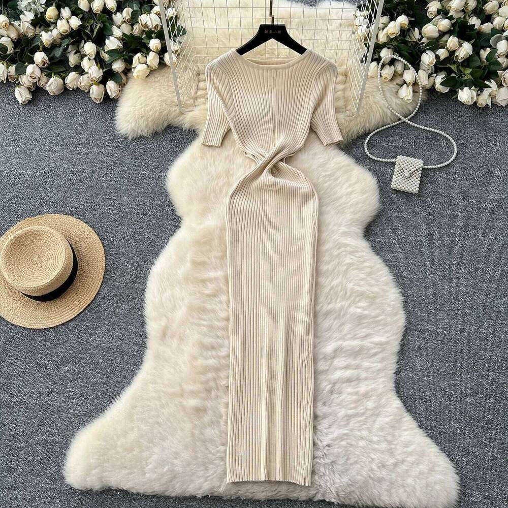 Sexy Side Hollow Out Knitted Dress 2025 Slim Temperament Short Sleeve O Neck French Style Woman Gentle Skinny Long Dresses