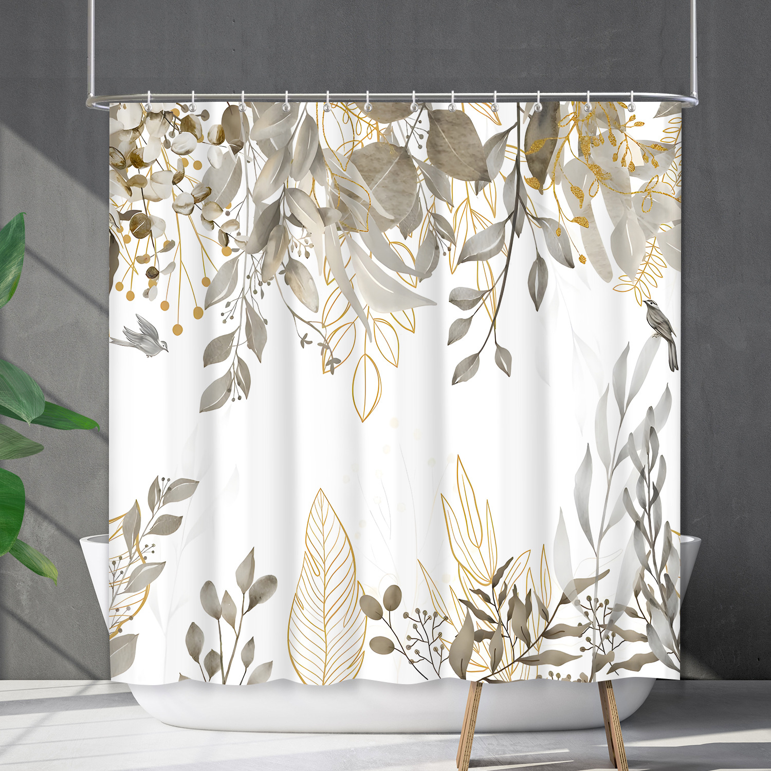 YL-38195 Waterproof Shower Curtain Set with Floral and Plant Designs, Shower Coverage, No Drill Required