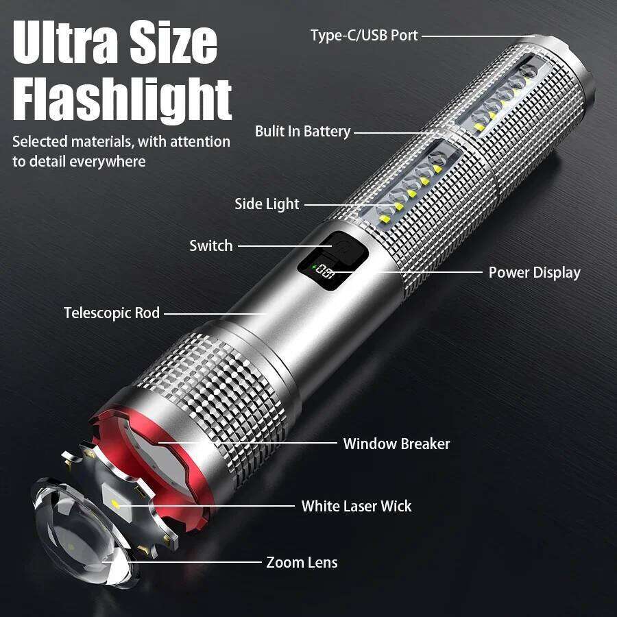 Rechargeable Zoom Flashlight White Laser 5 Modes Power Bank Portable Work Light Outdoor Camping Emergency Lighting Z260121