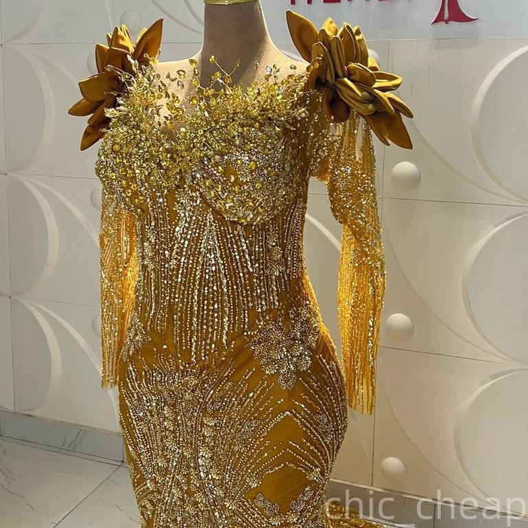 Aso Ebi Gold Mermaid Prom Dresses 2026 Flowers Beaded Crystals V-neck Evening Formal Party Second Birthday Engagement Gowns Dress For Special Occasion