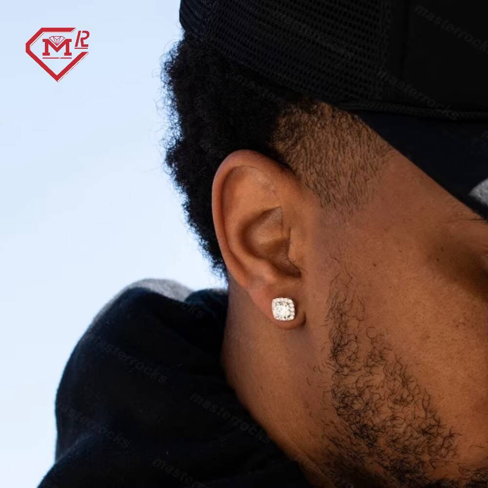 Daily Wear Men Earrings Stud Hip Hop Jewelry Iced Out Square S925 Silver Vvs Round Moissanite Earrings