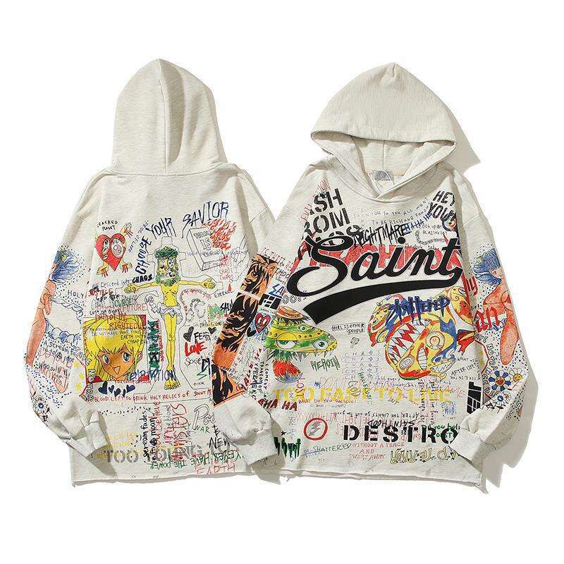 American High Street Saint Michael New Cursive Letter Graffiti Distressed Hoodie Couple Trend