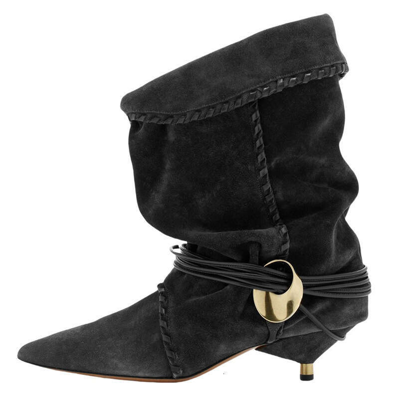 European and American New Style Pointed Toe Metal Cat Lace-Up Ruched Slouchy Short with Cuffed Slip-On Design, Large Size, Versatile High Heel Boots