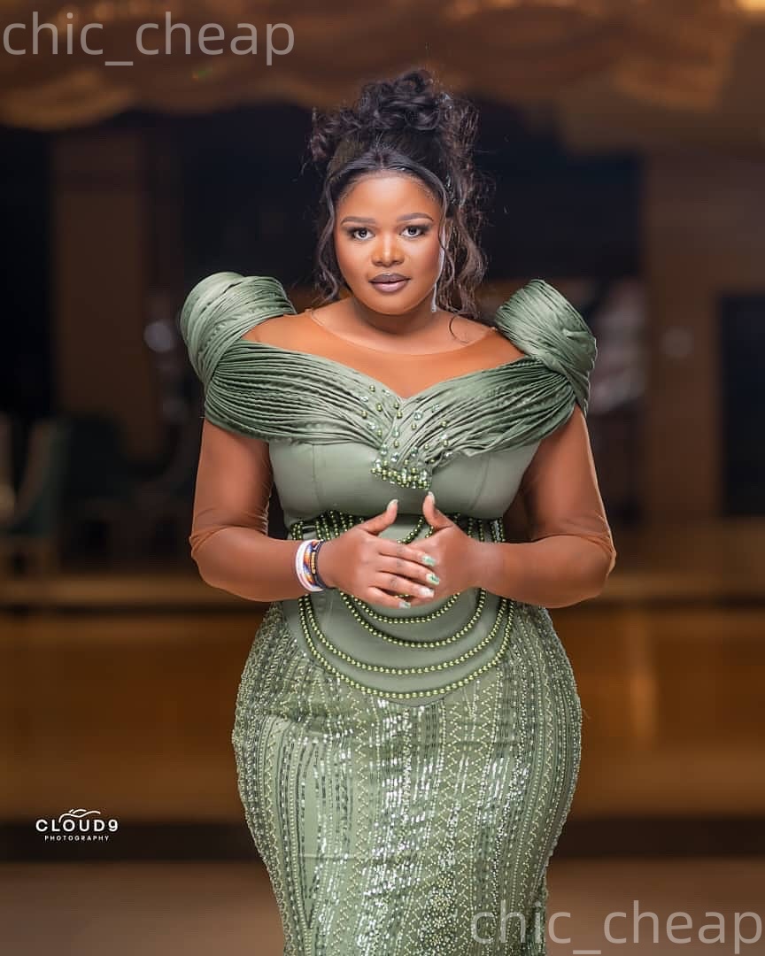 Olive Green Mermaid Plus Size Prom Dresses 2026 Pears Sequined Sheer Neck Evening Formal Party Second Birthday Engagement Gowns Dress For Special Occa