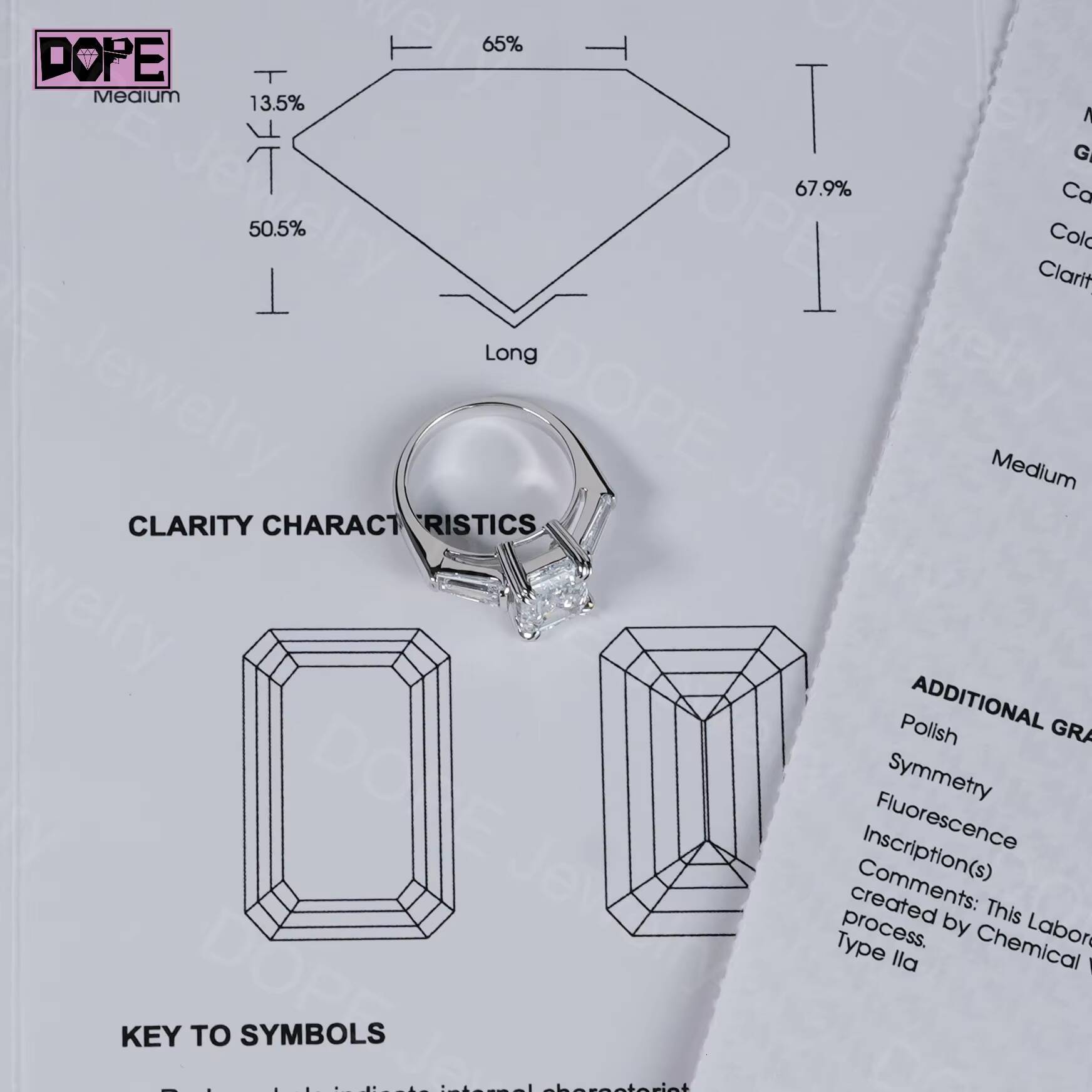 Lab Grown Diamond Ring 2CT Emerald Cut Solid Platinum Pt950 Tapered Side Stones IGI Certificate Engagement Ring
