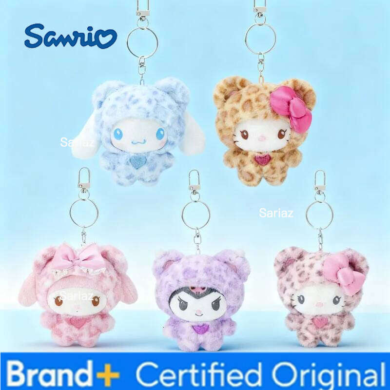 Sanrio New-Hot MINISO Kawaii Cat Keychain, Cute Plush Doll Bag Charm with Bow, Leopard Print Zipper Pull Gift for Girls birthday gifts H260121