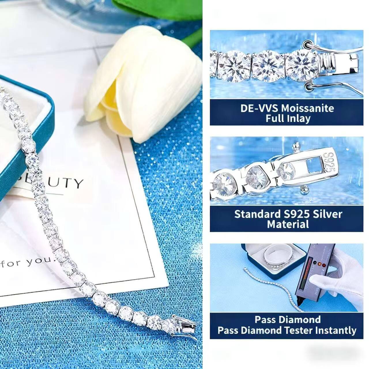 Factory wholesale S925 Silver Full Inlaid Moissanite Tennis Bracelet Full Diamond chilled Jewelry VVS Chain Bracelet Gift